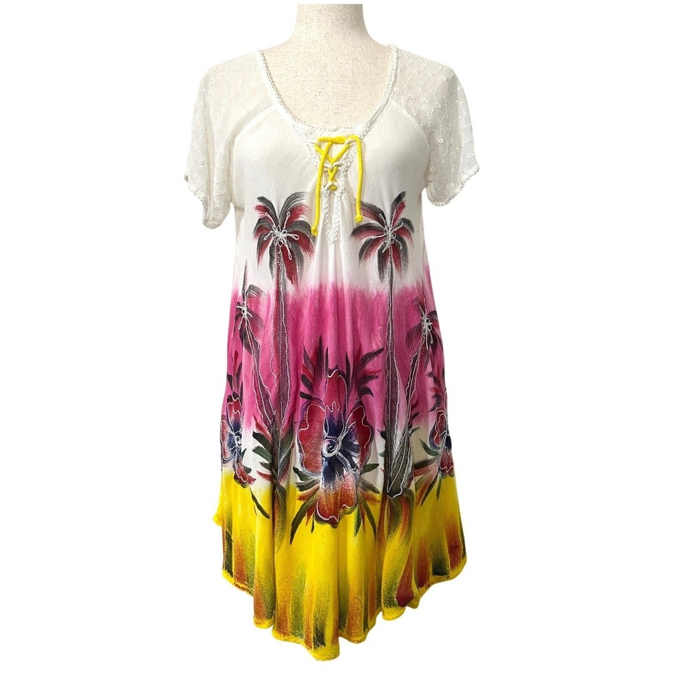 Tropical‎ Palm Tree Tie Dye Mini Dress Boho Beach Vacation S/M High Style